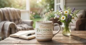 Friday Morning Blessings for a Happy Weekend featuring a cozy porch setting with a hot coffee mug, fresh flowers, notebook, and an inspirational blessing wishing peace, happiness, and a restful weekend.