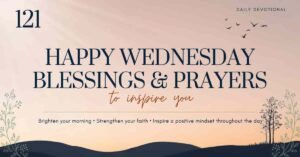 Minimalist Happy Wednesday Blessings & Prayers banner with a peaceful sunrise background, birds in flight, and nature silhouettes, featuring an inspirational message to brighten your morning, strengthen your faith, and inspire a positive mindset throughout the day.