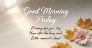 Good Morning Friday blessings image with autumn leaves and a pink flower, featuring a hopeful message for a beautiful day and better moments ahead.