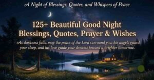 Beautiful good night blessings image featuring a peaceful moonlit landscape with a cozy cabin by the river, starry sky, and an inspirational message about good night blessings, quotes, prayers, and wishes for peaceful sleep and a brighter tomorrow.