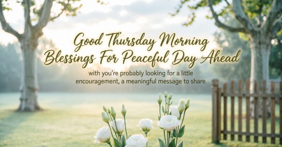 Good Thursday Morning Blessings with white flowers, a peaceful garden, and an inspiring morning message.