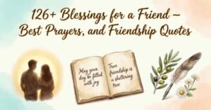 126+ blessings for a friend featuring friendship prayers, inspirational quotes, an open book with kind words, a couple silhouette, and floral illustrations on a soft pastel background.