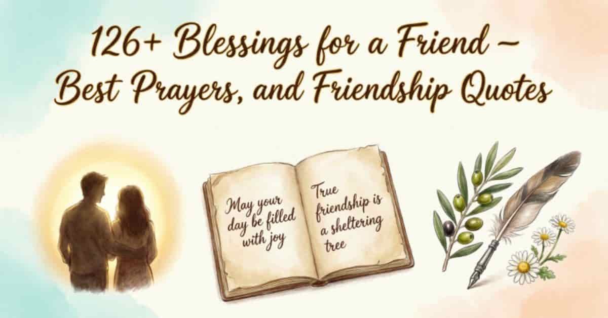 126+ blessings for a friend featuring friendship prayers, inspirational quotes, an open book with kind words, a couple silhouette, and floral illustrations on a soft pastel background.