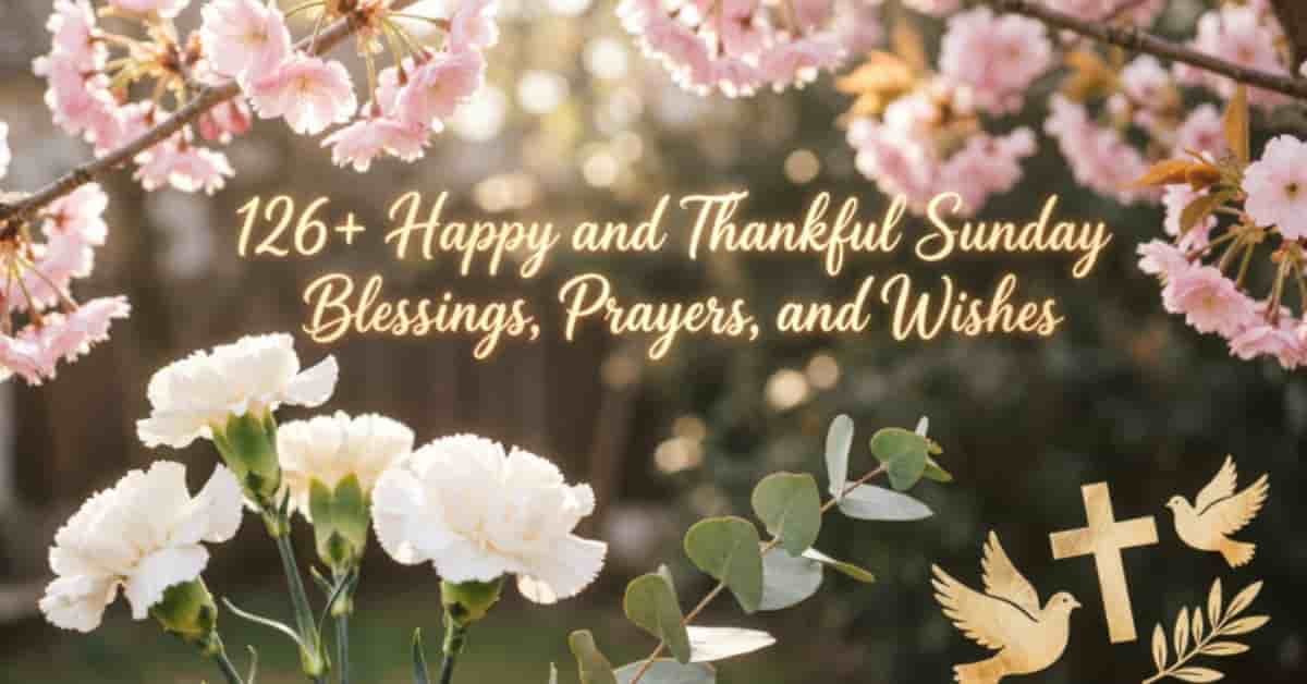 126 Happy and Thankful Sunday Blessings, Prayers, and Wishes with white flowers, pink cherry blossoms, doves, and a Christian cross.