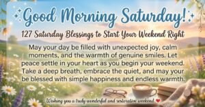 Good Morning Saturday Blessings with a scenic sunrise, coffee, flowers, and an inspirational weekend message.