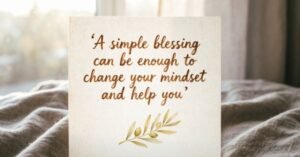 Good Morning Blessed Tuesday inspirational quote card with a simple blessing message, featuring a peaceful bedroom setting and warm morning sunlight.
