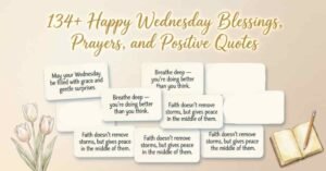 134+ Happy Wednesday Blessings, Prayers, and Positive Quotes banner with quote cards, tulips, and notebook