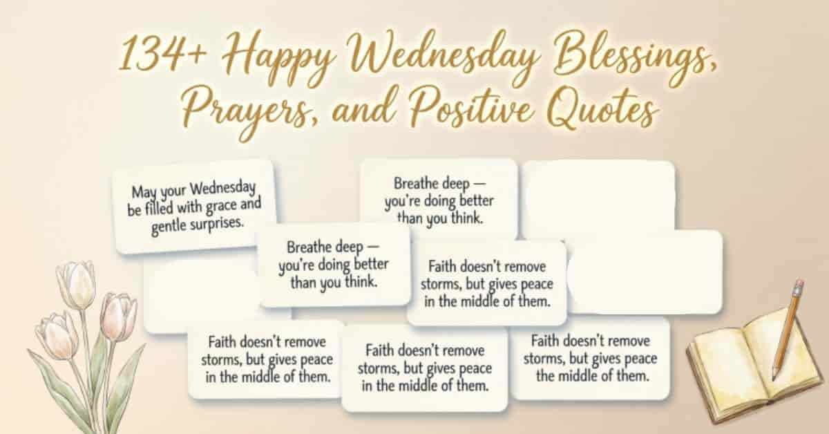134+ Happy Wednesday Blessings, Prayers, and Positive Quotes banner with quote cards, tulips, and notebook