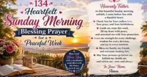 Heartfelt Sunday morning blessing prayer image with a peaceful sunrise over a lake, open Bible, flowers, coffee mug, and an inspiring Christian prayer asking God for peace, guidance, protection, strength, and blessings for the week ahead.