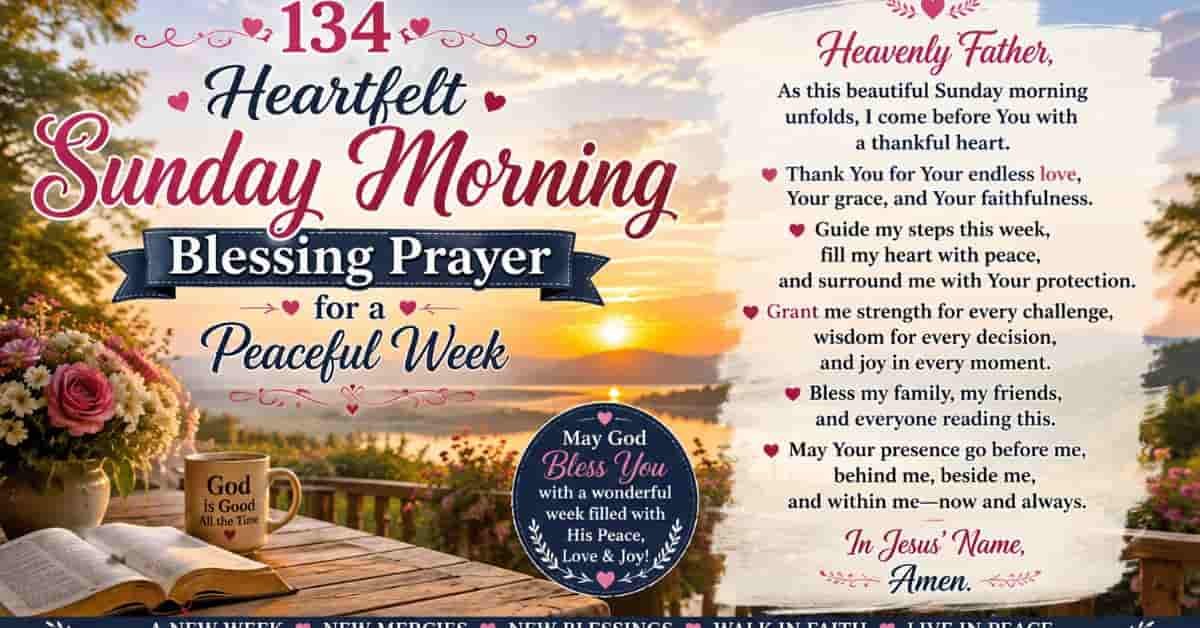 Heartfelt Sunday morning blessing prayer image with a peaceful sunrise over a lake, open Bible, flowers, coffee mug, and an inspiring Christian prayer asking God for peace, guidance, protection, strength, and blessings for the week ahead.