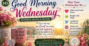 Good Morning Wednesday Blessings image with sunrise, coffee mug, flowers, Bible verse Psalm 118:24, inspirational Wednesday quotes, prayers, and faith-filled blessings.