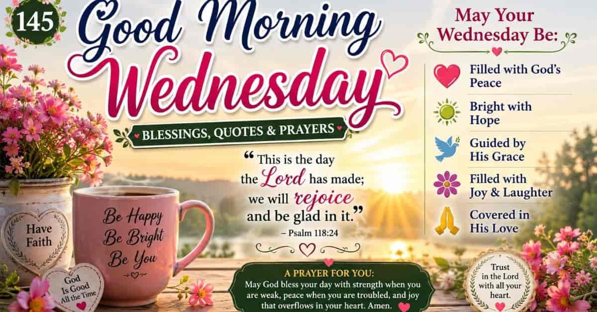 Good Morning Wednesday Blessings image with sunrise, coffee mug, flowers, Bible verse Psalm 118:24, inspirational Wednesday quotes, prayers, and faith-filled blessings.