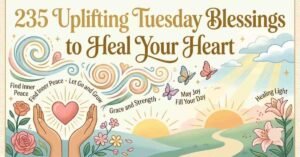 235 Uplifting Tuesday Blessings to Heal Your Heart illustration featuring a sunrise, flowers, butterflies, a heart held in caring hands, and inspirational messages about inner peace, grace, strength, healing, and joyful Tuesday blessings.
