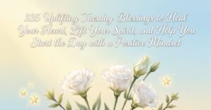 235 Uplifting Tuesday Blessings to Heal Your Heart, Lift Your Spirit, and Help You Start the Day with a Positive Mindset, featuring beautiful white flowers, a serene blue sky, and a peaceful morning atmosphere.