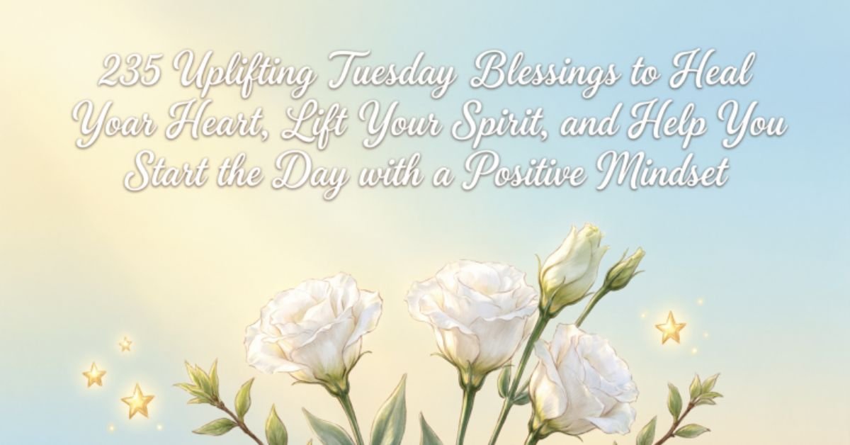 235 Uplifting Tuesday Blessings to Heal Your Heart, Lift Your Spirit, and Help You Start the Day with a Positive Mindset, featuring beautiful white flowers, a serene blue sky, and a peaceful morning atmosphere.