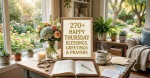 270+ Happy Thursday Blessings, Greetings & Prayers display with Bible, prayer journal, candle, flowers, coffee mug, and cozy sunlit living room creating a peaceful Thursday morning inspiration.
