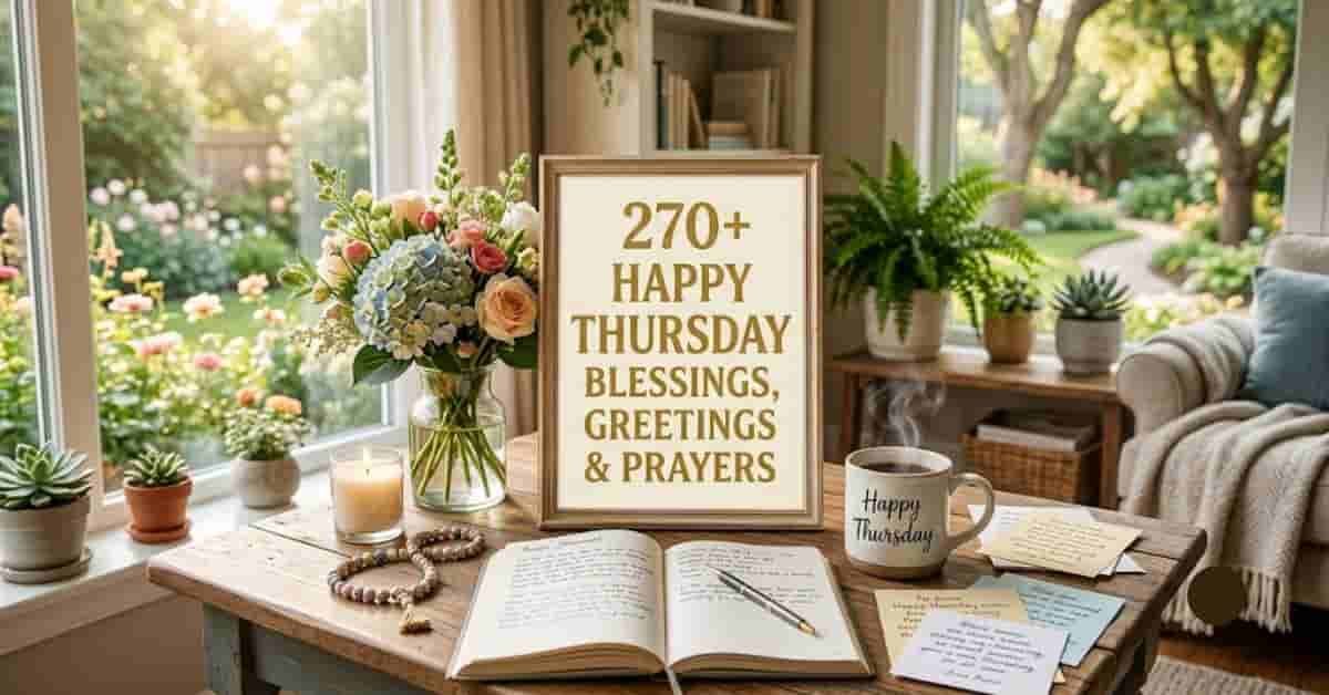 270+ Happy Thursday Blessings, Greetings & Prayers display with Bible, prayer journal, candle, flowers, coffee mug, and cozy sunlit living room creating a peaceful Thursday morning inspiration.