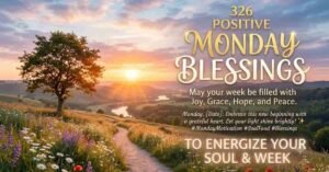 Positive Monday Blessings image featuring a breathtaking sunrise over rolling hills, a winding path through colorful wildflowers, and an inspiring message wishing a week filled with joy, grace, hope, peace, and renewed energy for the soul.