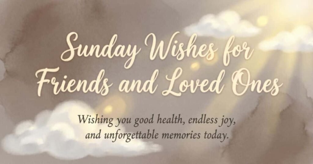 Sunday wishes for friends and loved ones with a soft glowing background and the message, “Wishing you good health, endless joy, and unforgettable memories today.