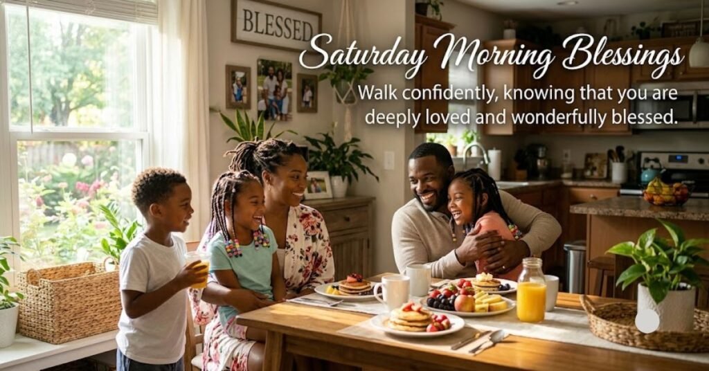 Saturday Morning Blessings featuring a joyful family breakfast at home with an inspirational blessing quote about love, faith, happiness, and God's abundant blessings.