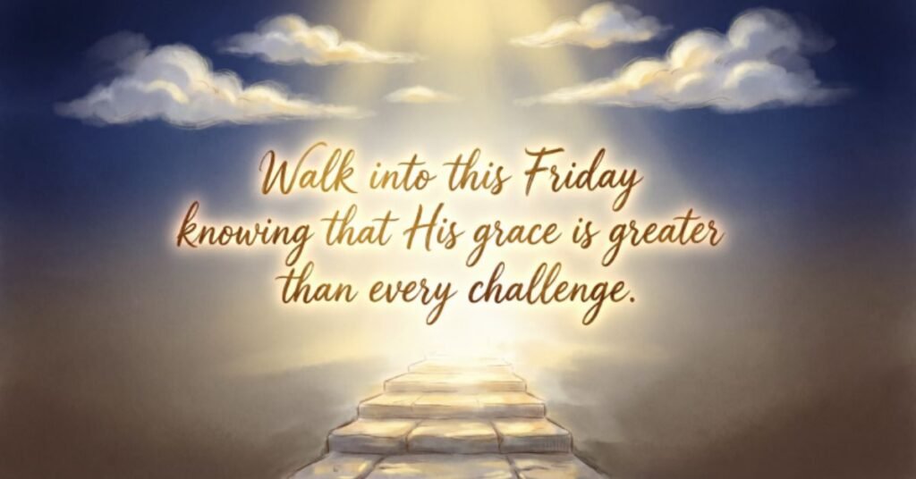 African American Spiritual Friday Blessings image featuring radiant rays of heavenly light, clouds, a symbolic pathway, and an uplifting Christian message reminding believers that God's grace is greater than every challenge on Friday morning.