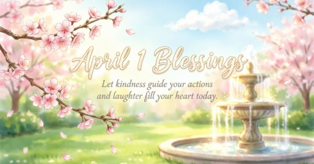 April 1 Blessings image featuring blooming cherry blossoms, a peaceful garden fountain, and the inspirational message 'Let kindness guide your actions and laughter fill your heart today.