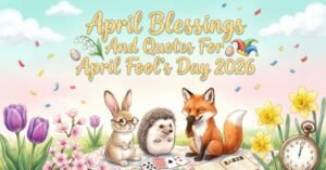April Blessings and Quotes for April Fool's Day 2026 with cute spring animals and colorful flowers.