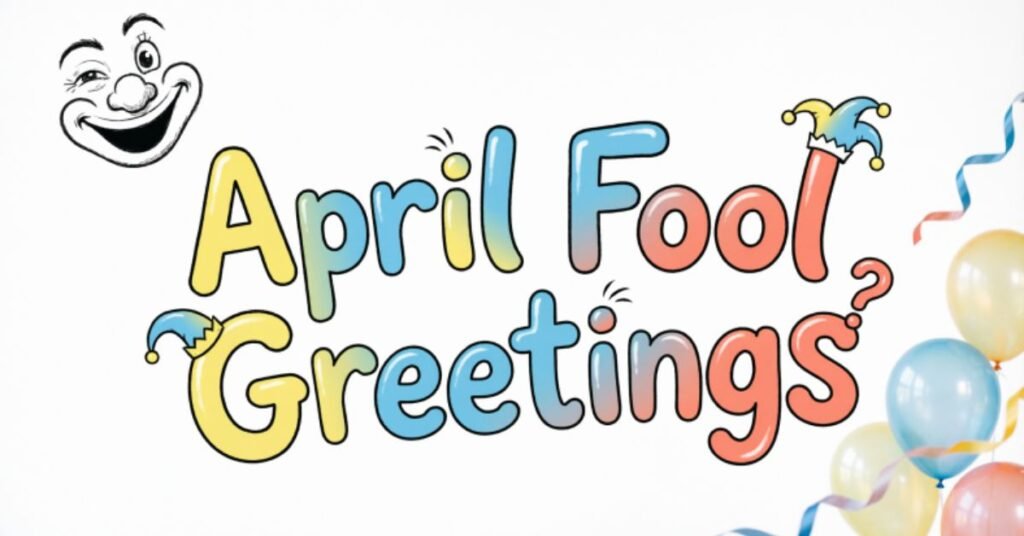 April Fool Greetings image with colorful playful lettering, smiling clown face, jester hats, festive balloons, and streamers celebrating April Fool's Day.