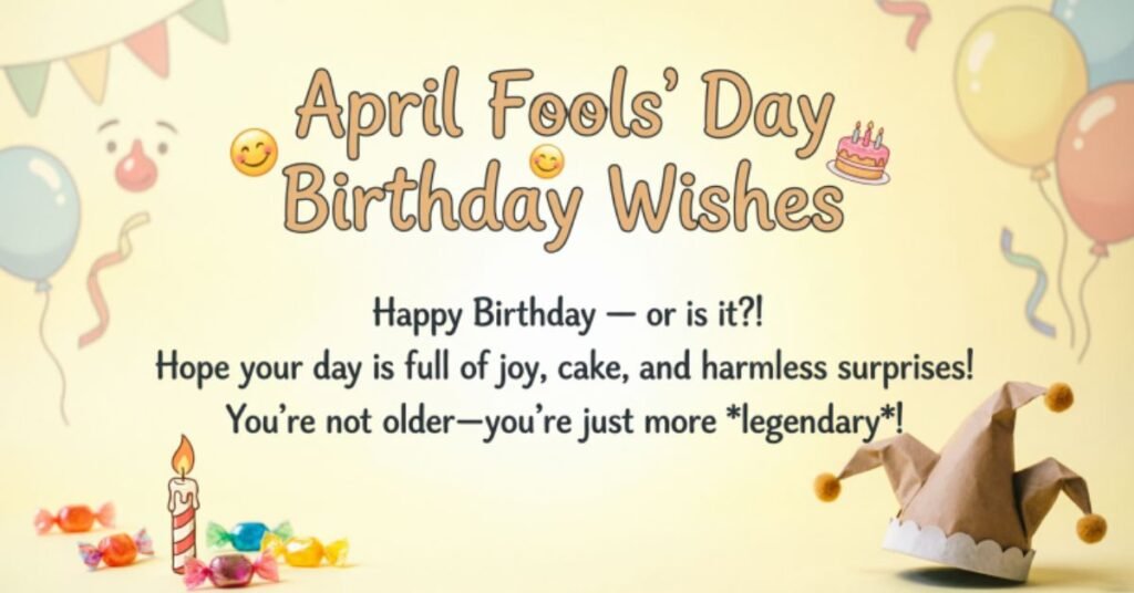 April Fools' Day Birthday Wishes image with balloons, party decorations, birthday candle, colorful candies, and a jester hat featuring a funny birthday message for April 1 celebrations.
