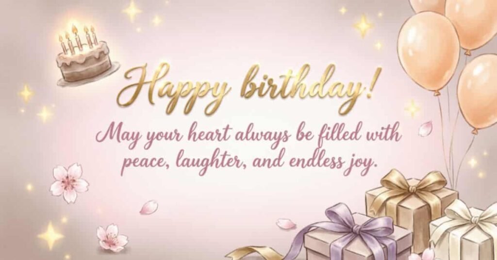 Happy Birthday wishes with a message of peace, laughter, and endless joy, decorated with balloons, gifts, flowers, and a birthday cake.