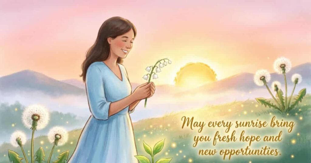 Beautiful blessings for a friend illustration featuring a smiling woman holding flowers at sunrise with the inspirational message, 'May every sunrise bring you fresh hope and new opportunities,' surrounded by blooming dandelions and a peaceful landscape.