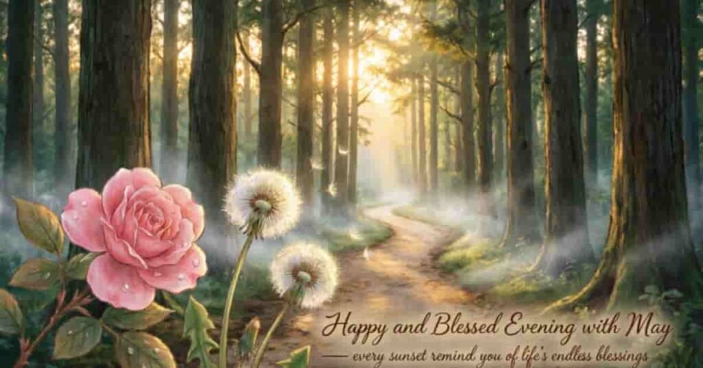 Beautiful Good Evening Blessings image featuring a serene forest path with soft sunlight filtering through tall trees, a blooming pink rose, fluffy dandelions, and an inspirational message celebrating life's endless blessings at sunset.