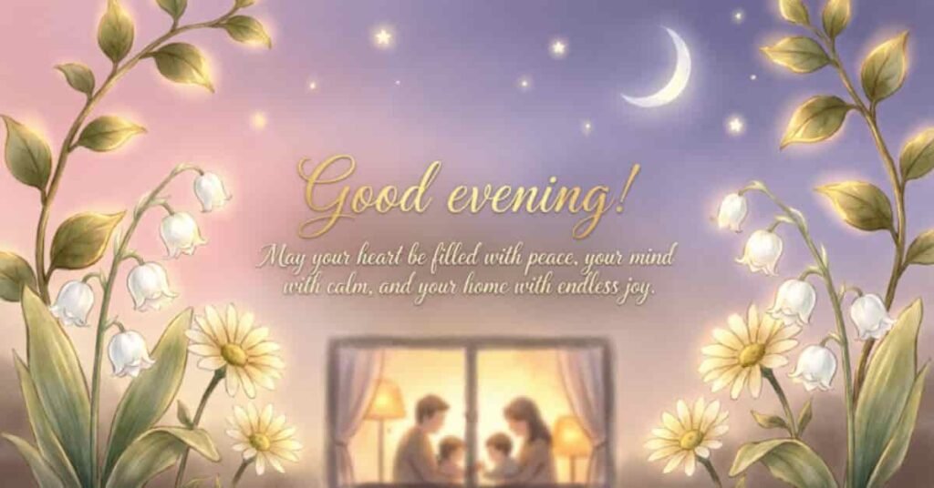 Beautiful Good Evening blessings image with moonlit sky, blooming flowers, and a warm family silhouette by the window, featuring a peaceful message of love, calm, joy, and evening prayers for friends and family.