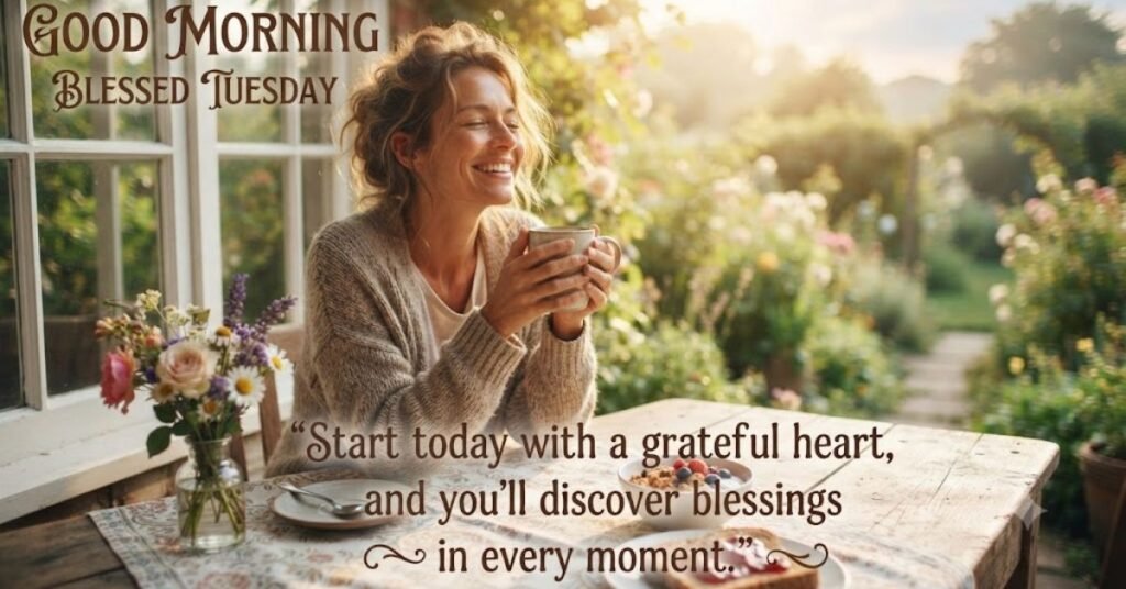 Beautiful Good Morning Blessed Tuesday wishes featuring a happy woman drinking coffee in a peaceful garden with an inspiring gratitude quote and warm morning sunshine.