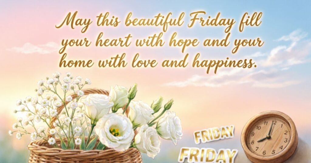 Beautiful Good Morning Friday blessings image with white flowers in a basket, a clock, and a peaceful sunrise sky, featuring a message of hope, love, happiness, and joyful Friday wishes.