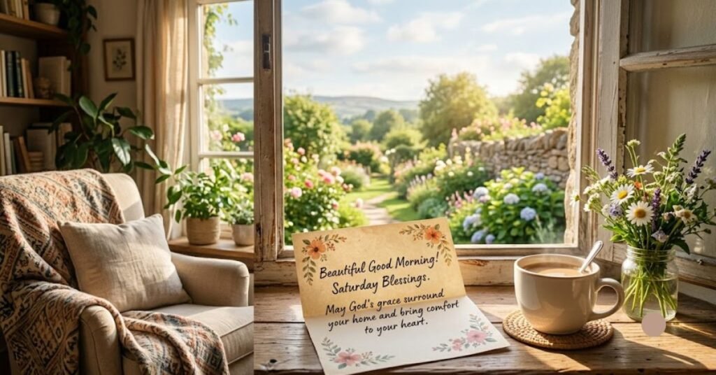 Beautiful Good Morning Saturday Blessings with a cozy window view, coffee, flowers, and an inspiring message of God's grace and peace.