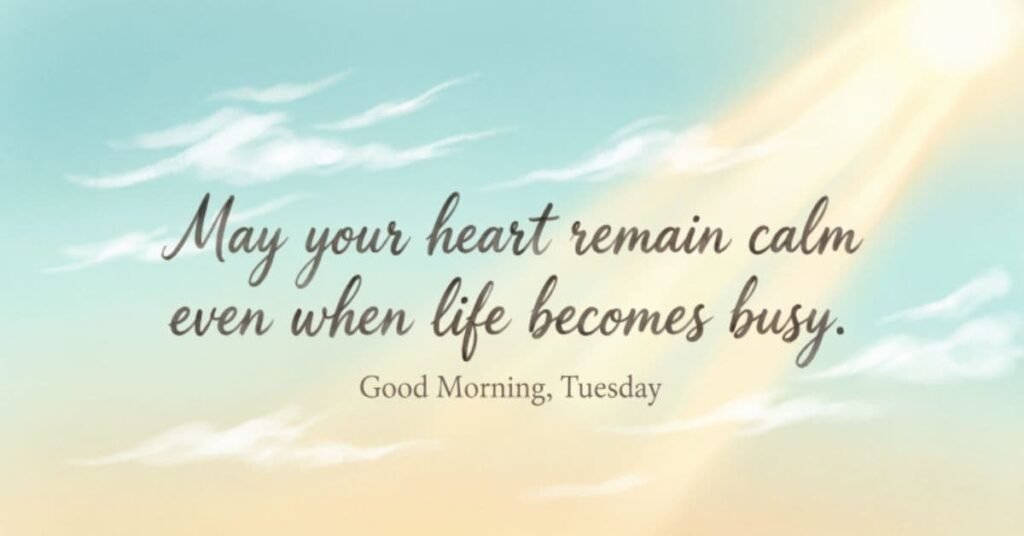 Beautiful Good Morning Tuesday Blessings image with a peaceful blue sky, soft sun rays, and an inspiring quote that says, 'May your heart remain calm even when life becomes busy,' offering encouragement, peace, and positive Tuesday morning blessings.