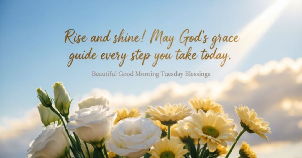 Beautiful Good Morning Tuesday Blessings featuring blooming white roses and yellow daisies beneath a sunny blue sky with an uplifting Christian message, 'Rise and shine! May God's grace guide every step you take today.