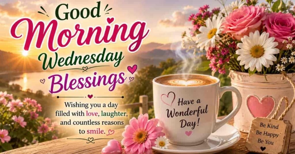 Beautiful Good Morning Wednesday Blessings image featuring a sunrise, blooming flowers, a coffee cup, and an inspiring message of love, laughter, joy, and happiness to brighten the day.