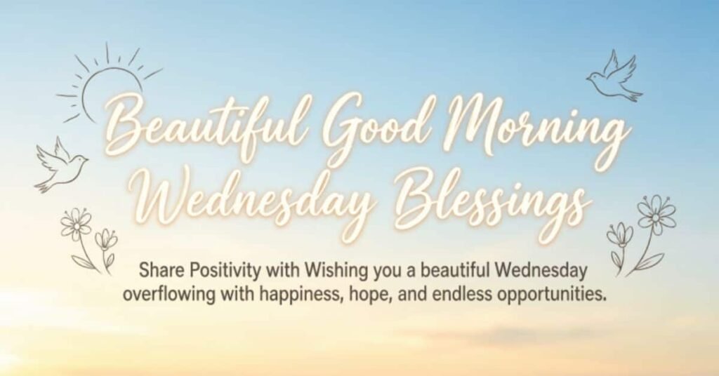 Beautiful Good Morning Wednesday Blessings image with a peaceful sunrise sky, birds, flowers, and an inspirational message encouraging positivity, happiness, hope, and endless opportunities.