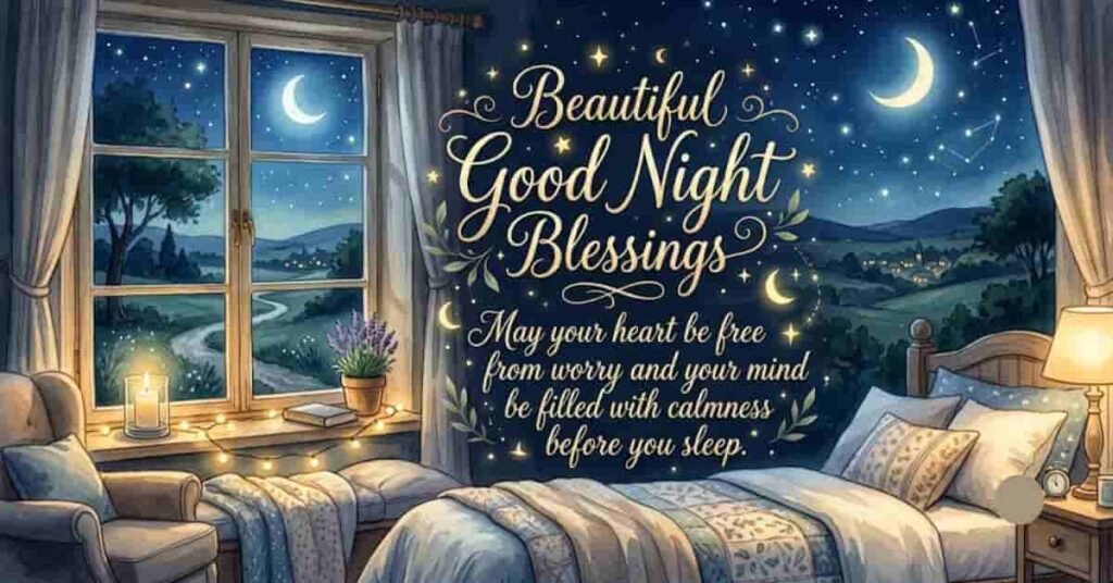 Beautiful Good Night Blessings image featuring a cozy bedroom with a moonlit window, starry night sky, crescent moon, and an inspiring blessing that says, 'May your heart be free from worry and your mind be filled with calmness before you sleep.