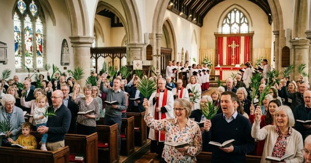 Beautiful Happy Palm Sunday church service with worshippers holding palm branches during a joyful celebration, choir singing at the altar, and a festive Christian congregation honoring Jesus' triumphant entry into Jerusalem.