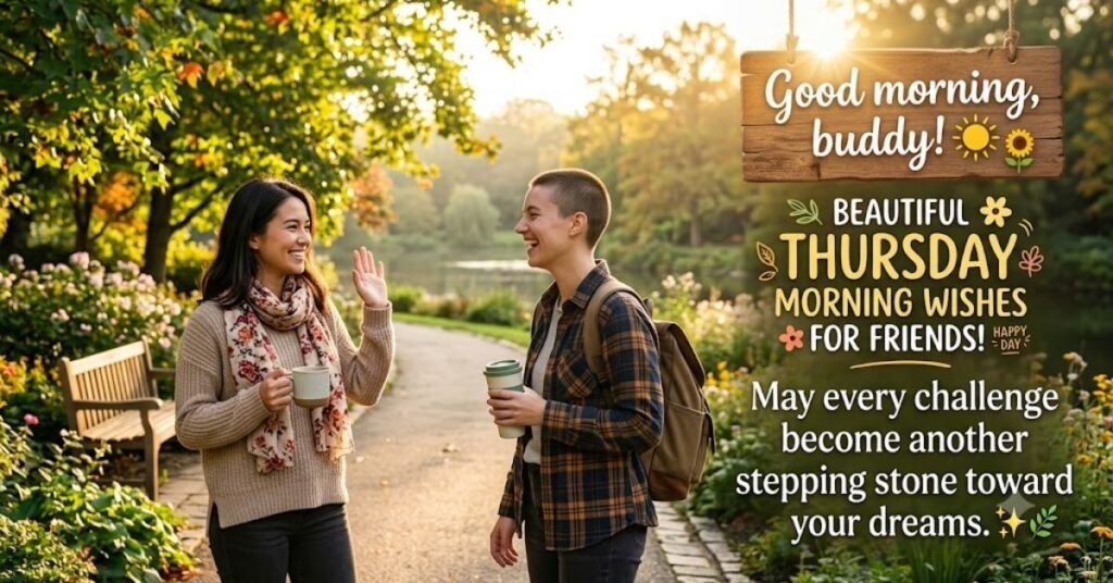 Beautiful Thursday Morning Wishes for Friends image featuring two friends smiling with coffee cups in a peaceful park at sunrise, alongside an inspirational Good Morning message about overcoming challenges and achieving dreams.