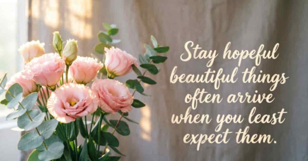 Inspirational quote card with pink lisianthus flowers and warm sunlight background