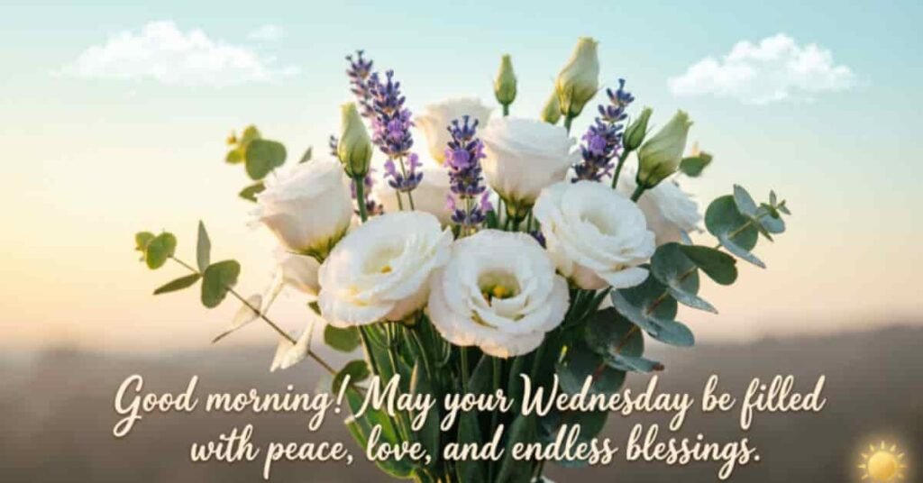 Beautiful Wednesday Blessings image featuring a bouquet of white roses, lavender, and eucalyptus against a peaceful sunrise sky, with an uplifting Good Morning Wednesday message wishing peace, love, and endless blessings throughout the day.