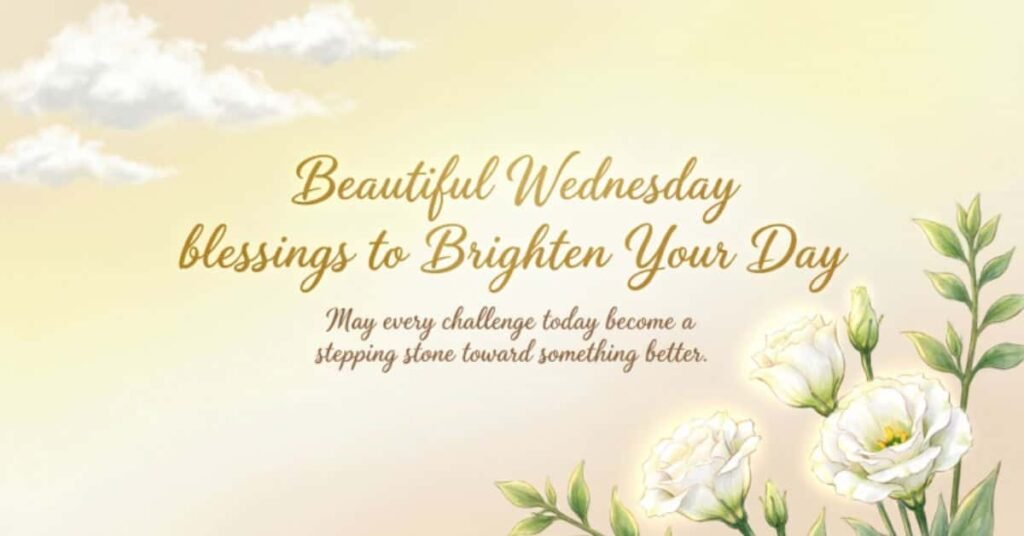 Beautiful Wednesday blessings to Brighten Your Day quote card with white flowers and soft sky background