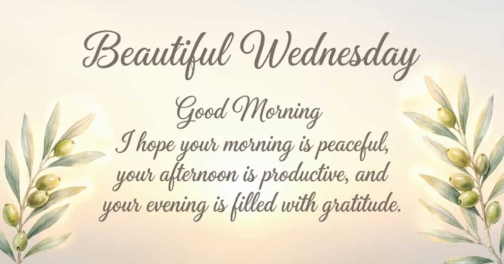 Beautiful Wednesday Good Morning image with elegant olive branches and an inspirational blessing wishing a peaceful morning, productive afternoon, and grateful evening.