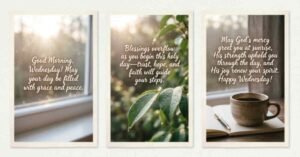 Three Good Morning Wednesday blessing images featuring inspirational Christian messages with sunrise through a window, green leaves in morning light, and a coffee cup on a table, sharing prayers of grace, faith, peace, and God's blessings.