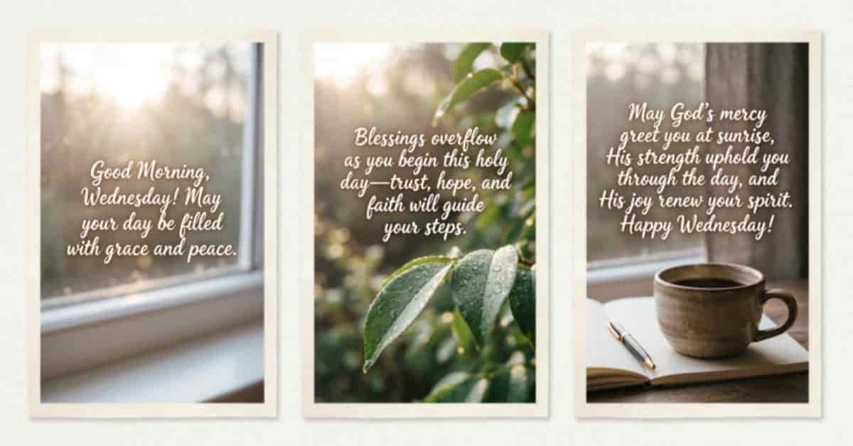 Three Good Morning Wednesday blessing images featuring inspirational Christian messages with sunrise through a window, green leaves in morning light, and a coffee cup on a table, sharing prayers of grace, faith, peace, and God's blessings.