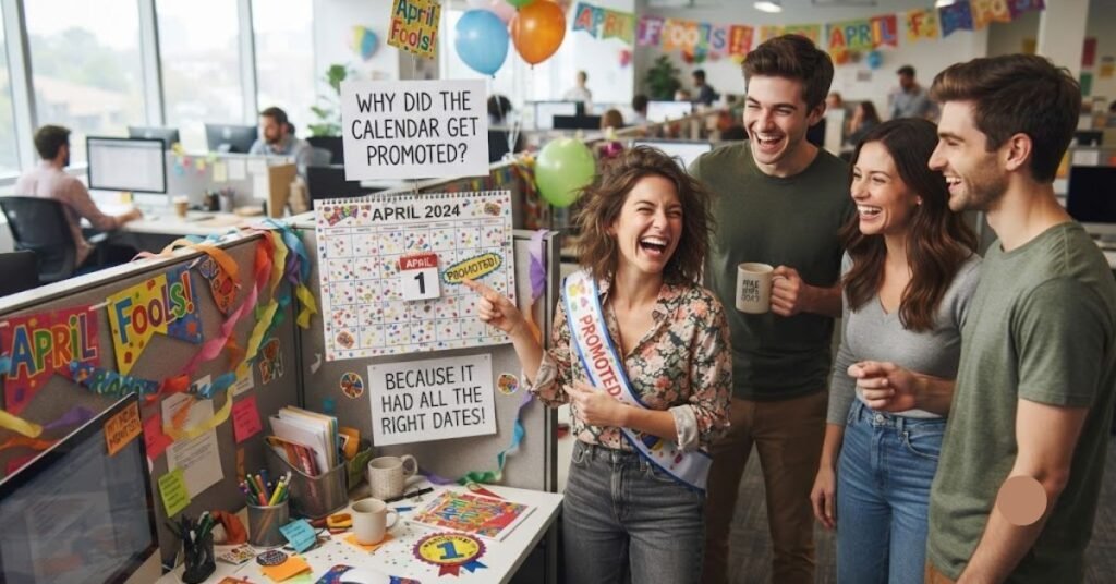 April Fool's Day office prank scene with coworkers laughing around a decorated cubicle featuring a funny calendar promotion joke, colorful balloons, banners, and festive workplace decorations.